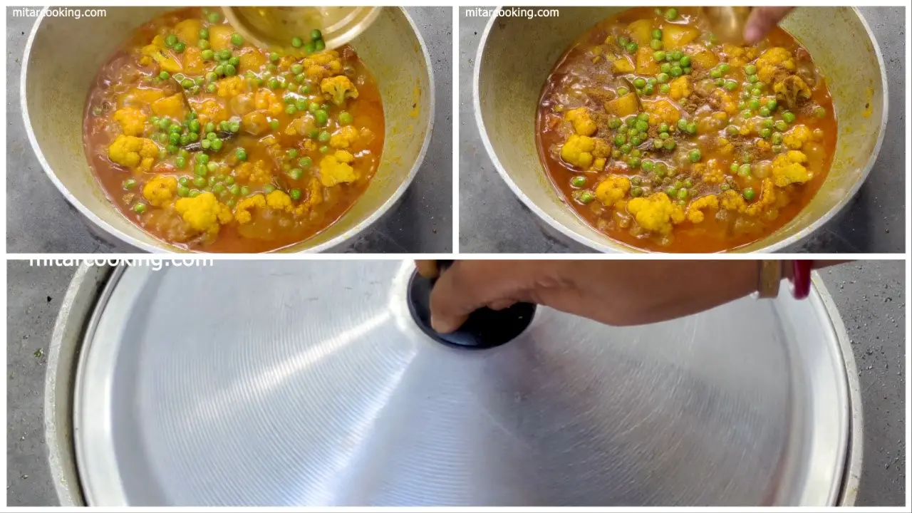 When the water comes to a boil, add peas and garam masala