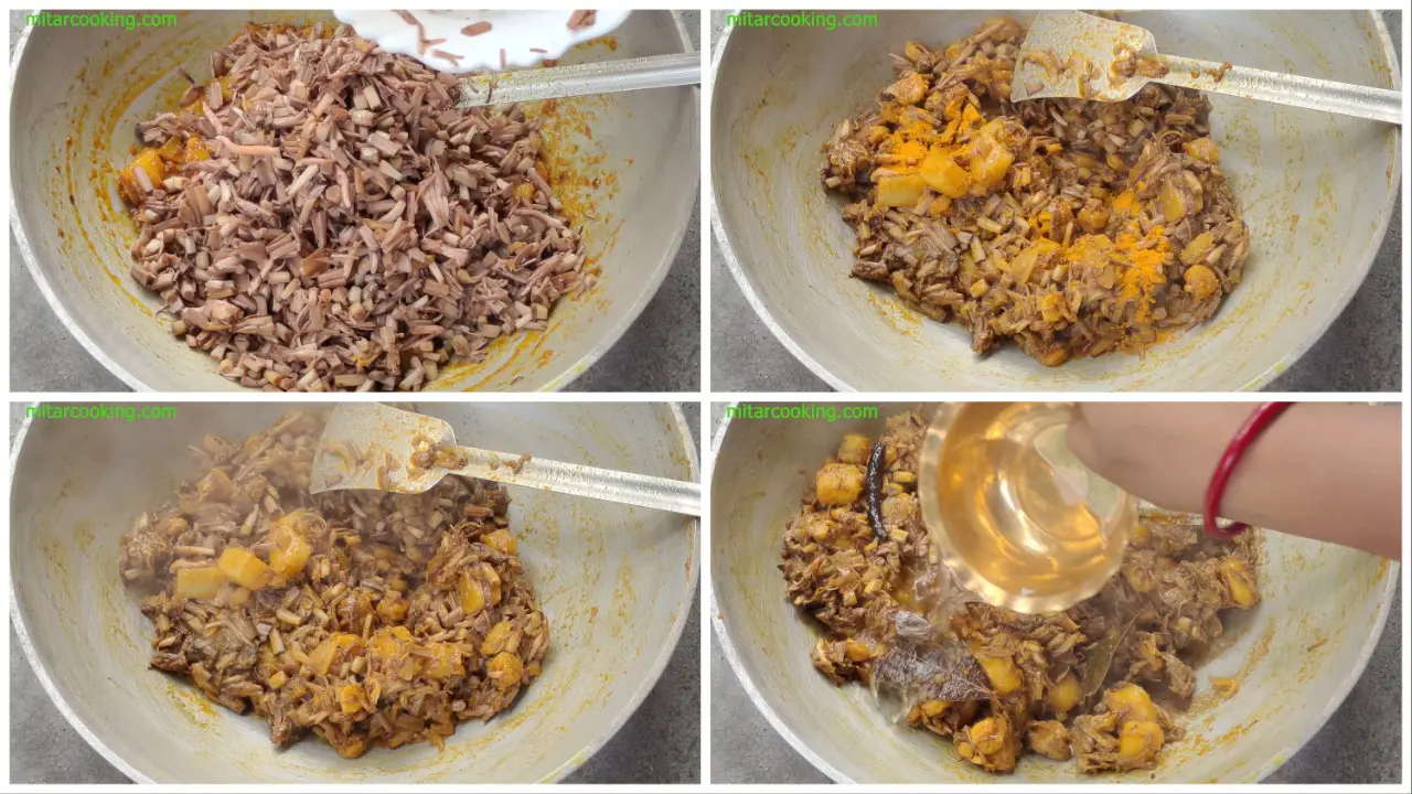 Adding banana blossom, turmeric and water