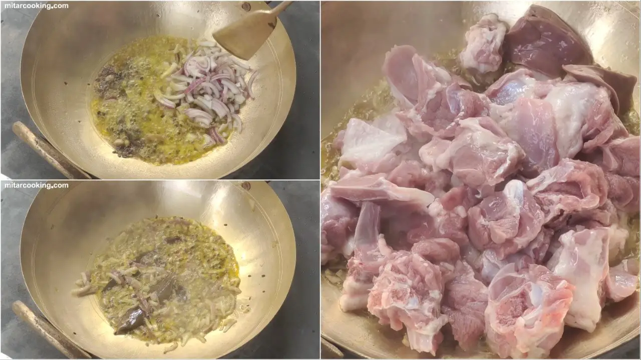 Adding chopped onion and mutton