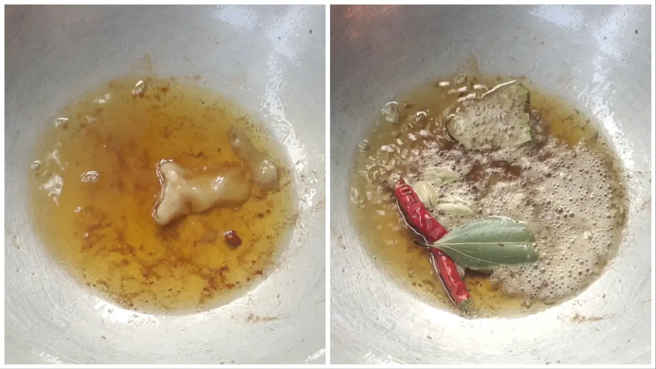Adding tbsp ghee, bay leaf, dry red chilis, cinnamon, cumin seeds, black pepper, cloves, and cardamom