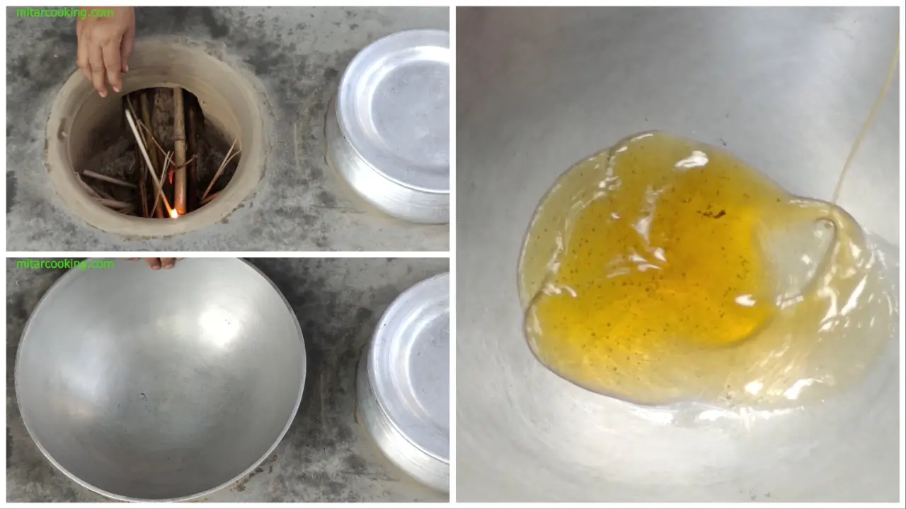 Adding oil in kadai