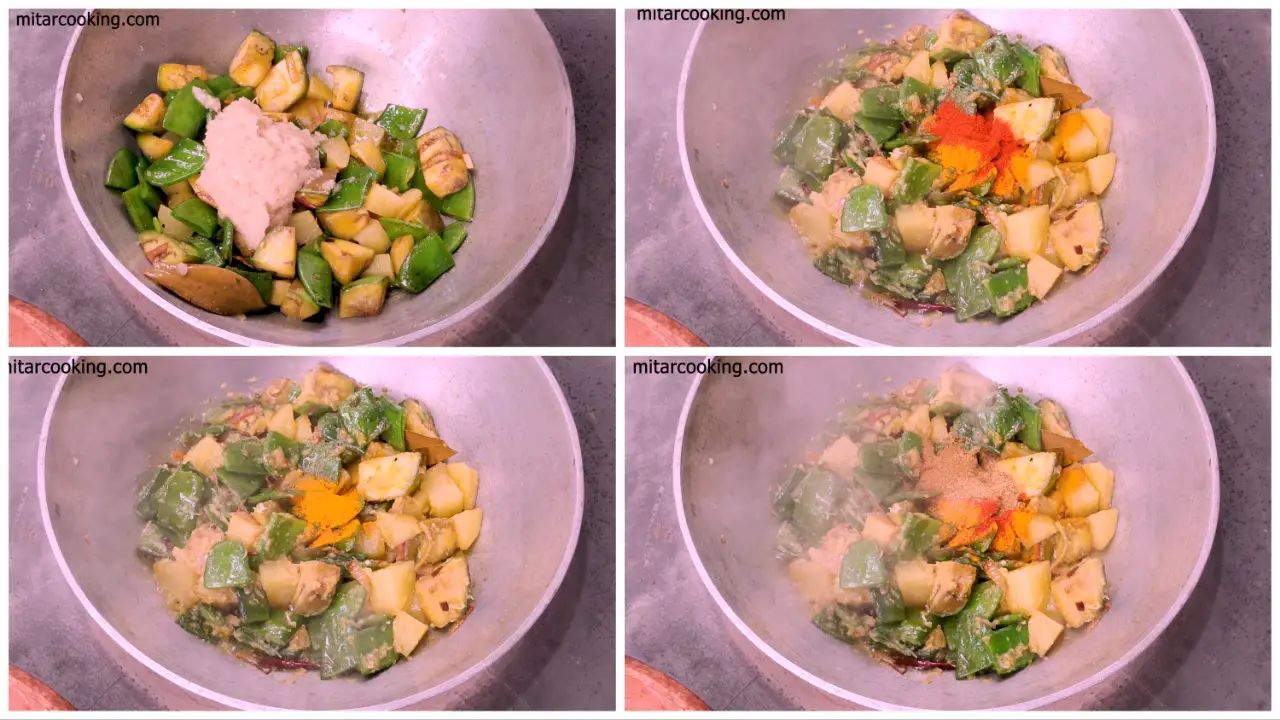 Adding the ginger, garlic, and onion paste, turmeric, red chili powder, coriander powder, and cumin