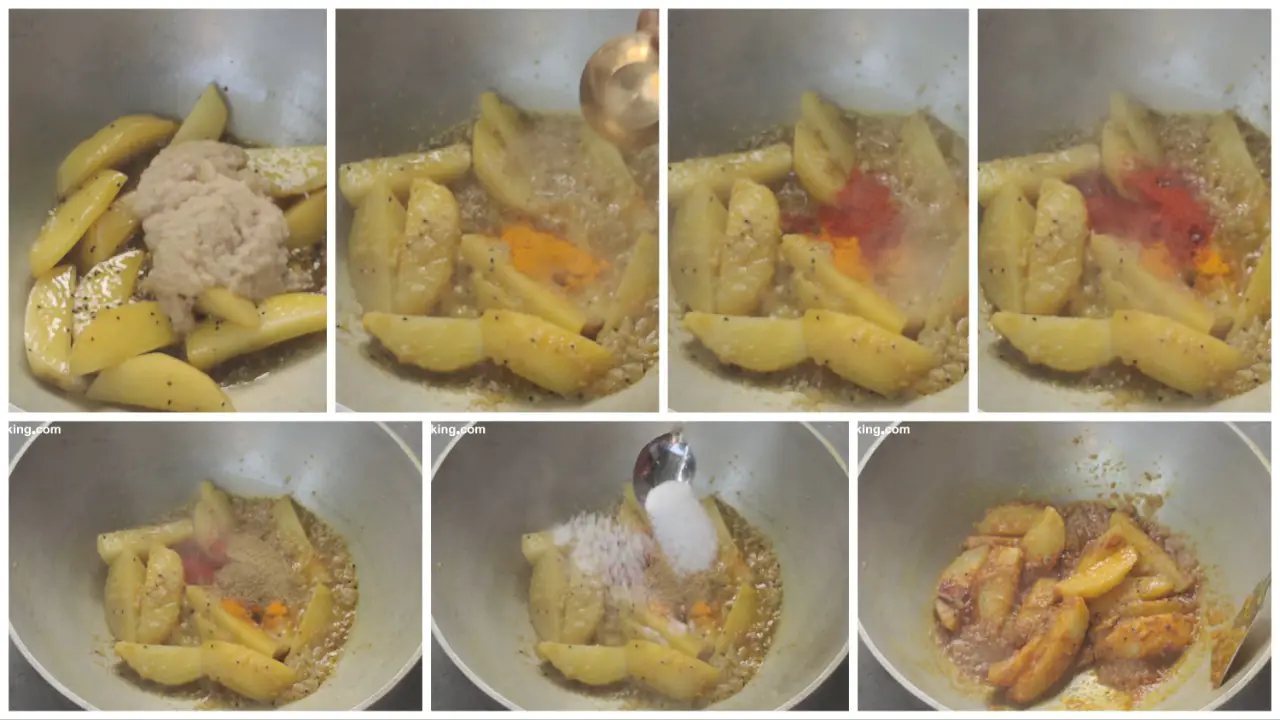 Adding ginger-garlic and onion paste, turmeric, red chili powder, coriander powder, roasted cumin powder and salt