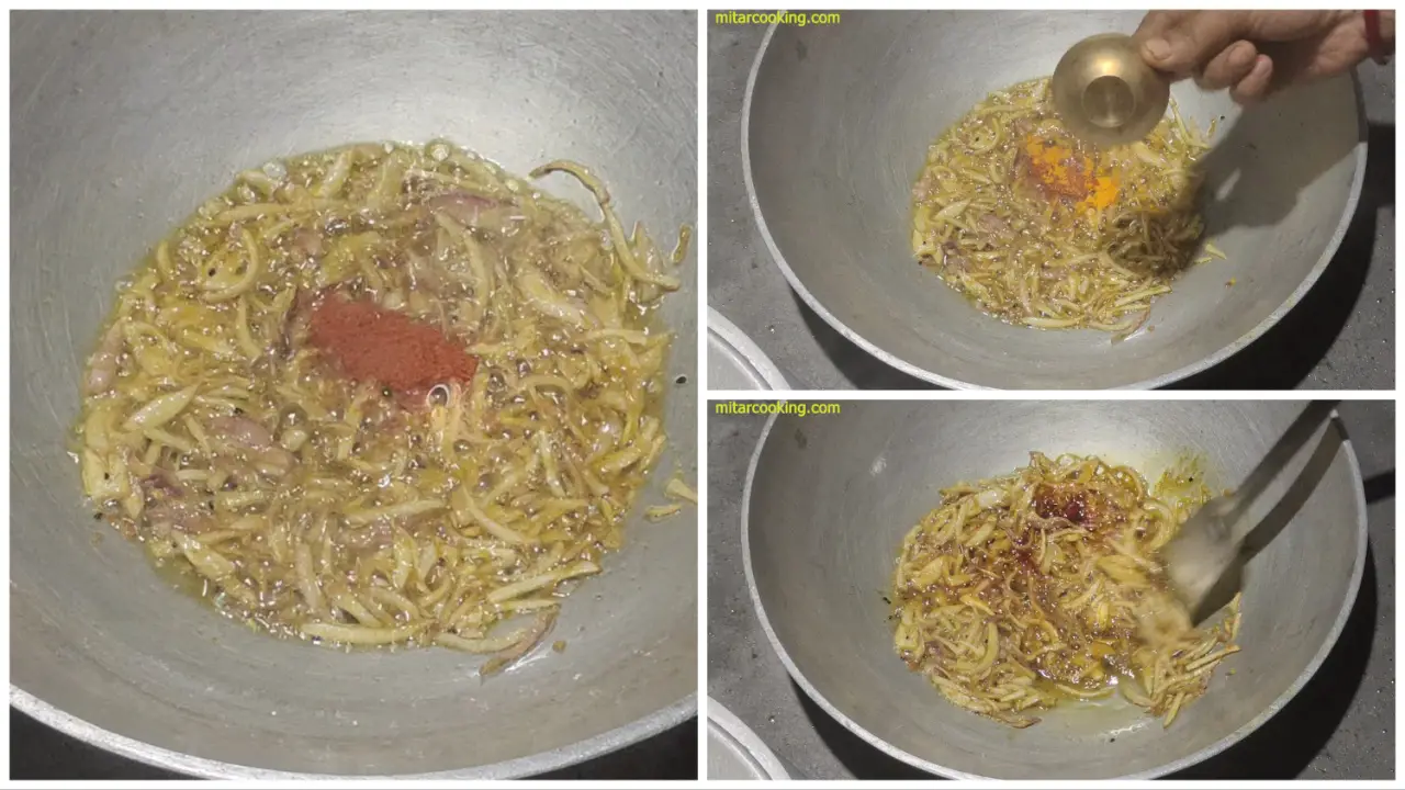 Adding Kashmiri red chili powder and a little bit of turmeric powder