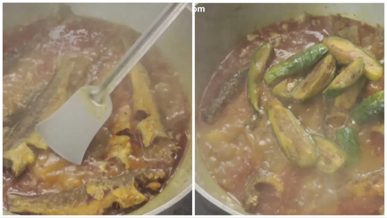 Adding the fish and eggplants to the curry