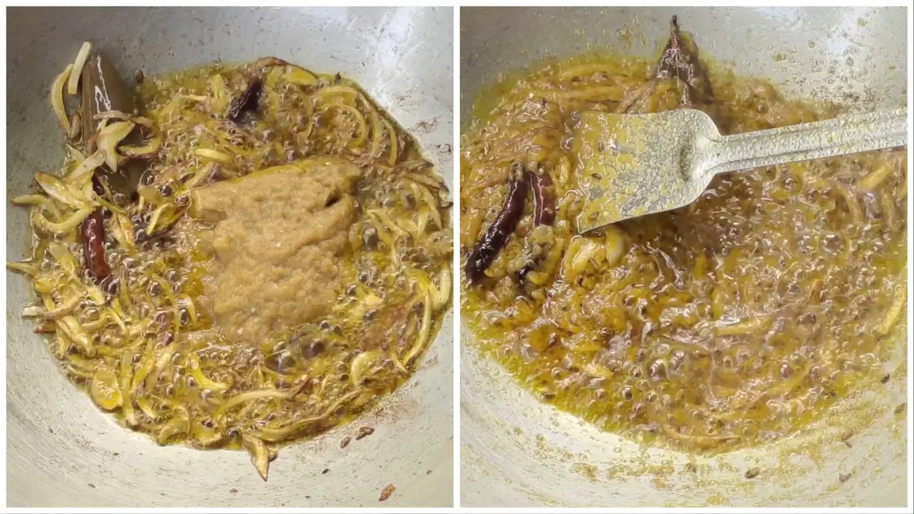 Adding the ginger and garlic paste, and stirring