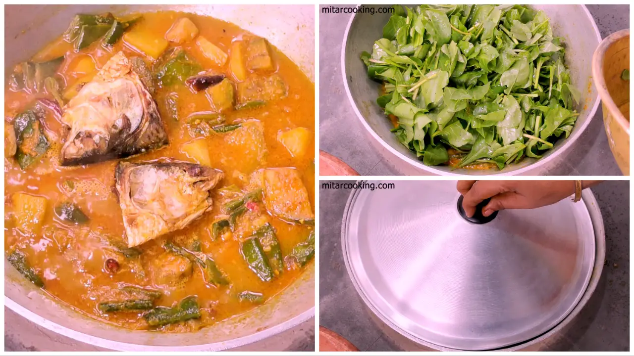 Adding the fish heads and spinach