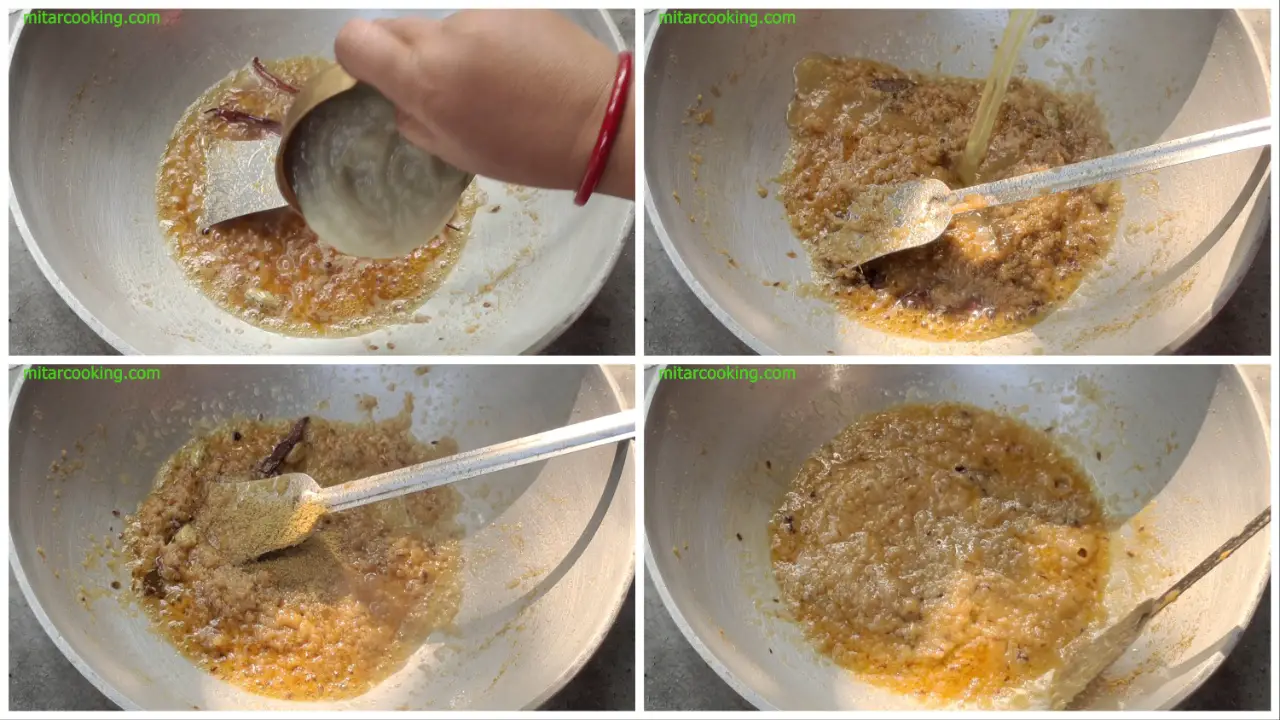 Adding the onion paste, coriander powder and boiled onion water