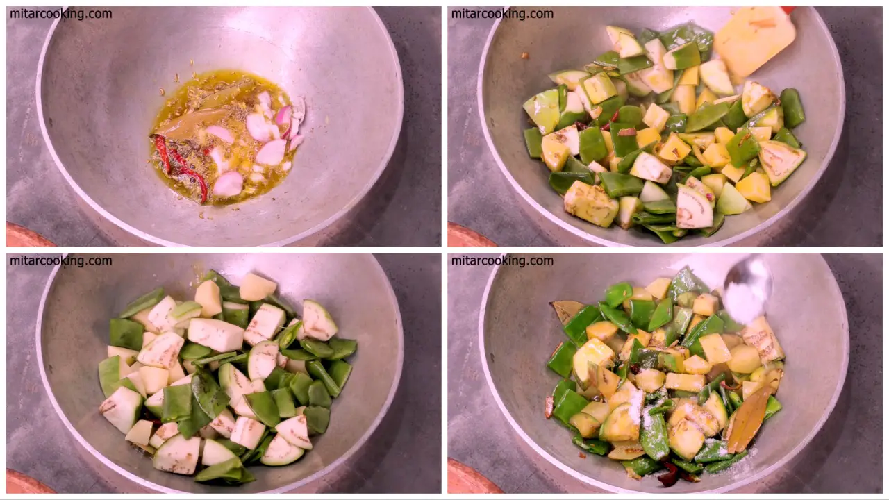 Adding the onions add vegetables such as potato, eggplant and snow pea