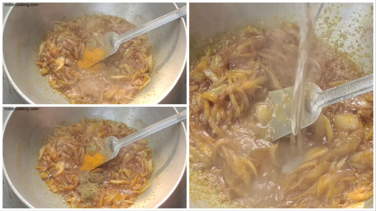 Adding turmeric, cumin, and coriander powder