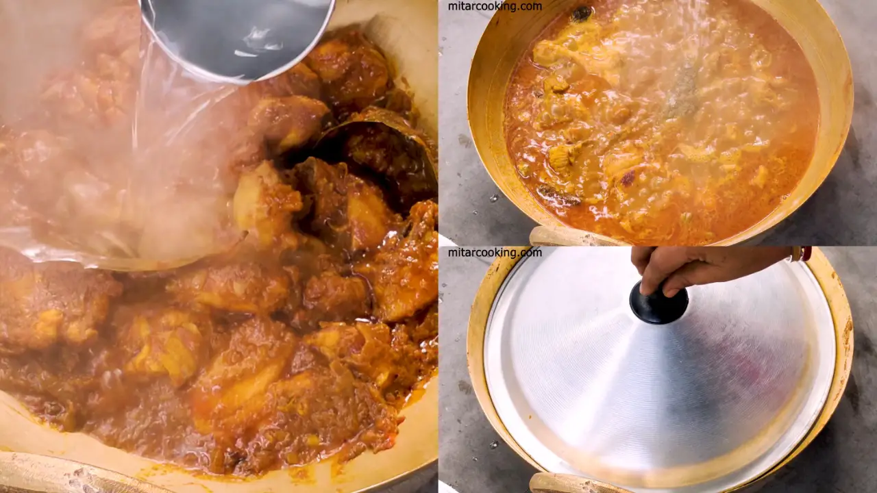 Adding water, salt and cover the wok