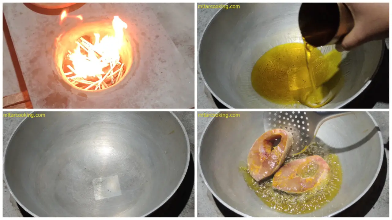 Adding the fish to the hot oil