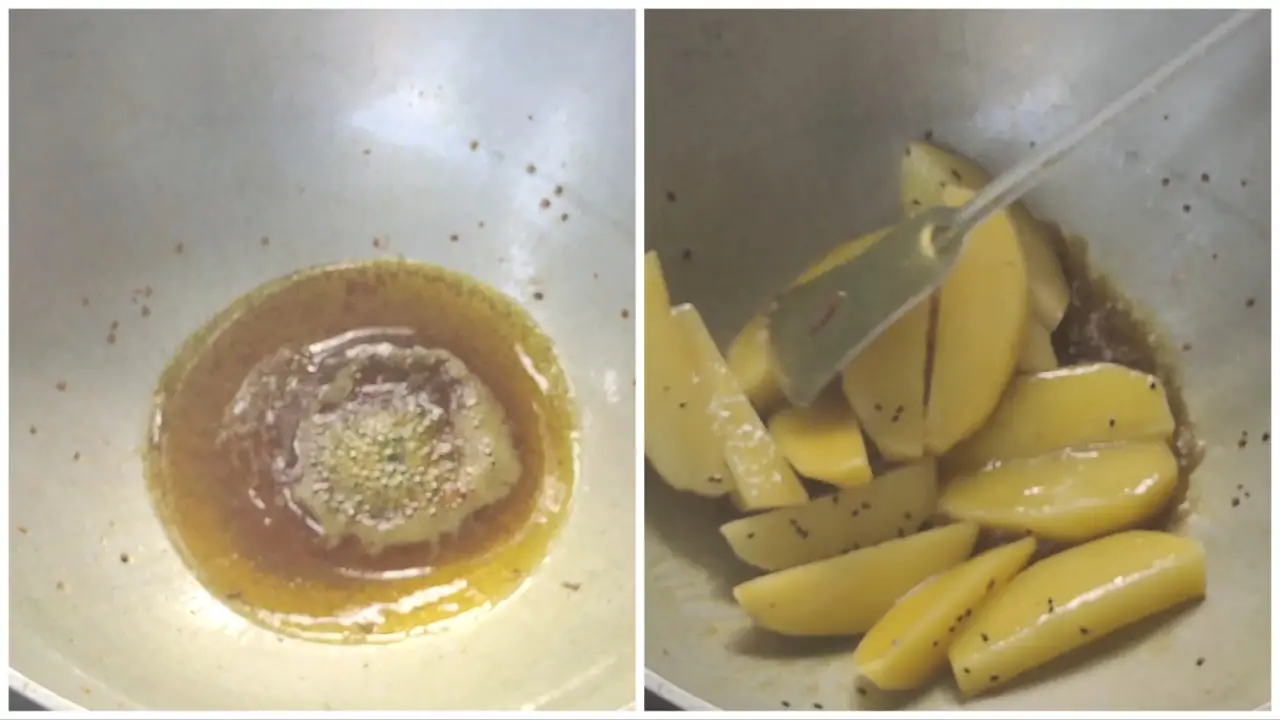 Adding potatoes to the cooking pan