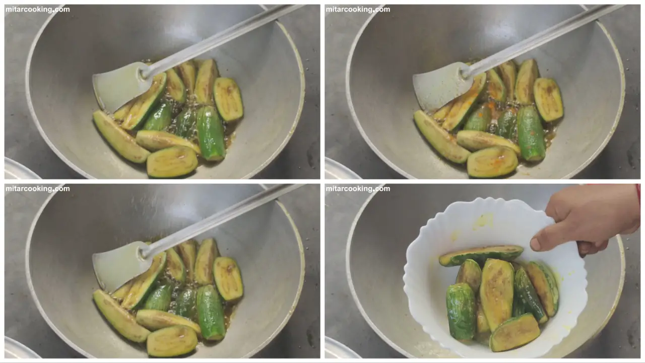 Lightly frying the eggplants