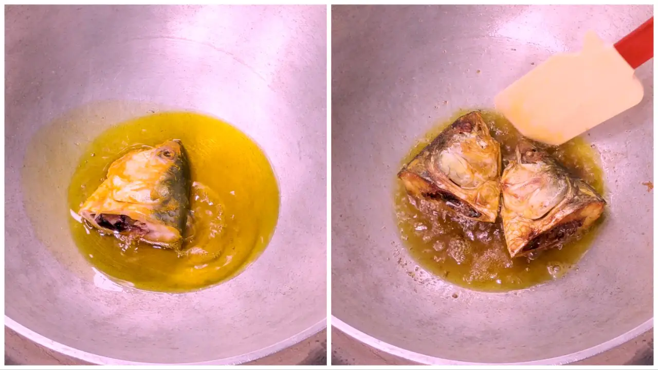 frying the Hilsa fish heads