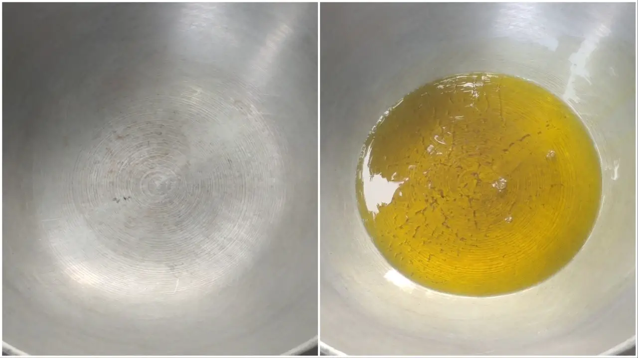 Placing a deep-frying pan on the gas stove and pouring oil into it