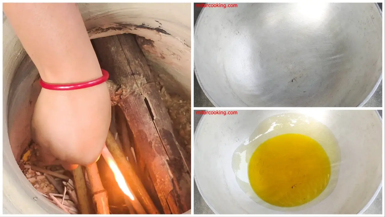 lighting the clay stove and putting kadai on it step by step images