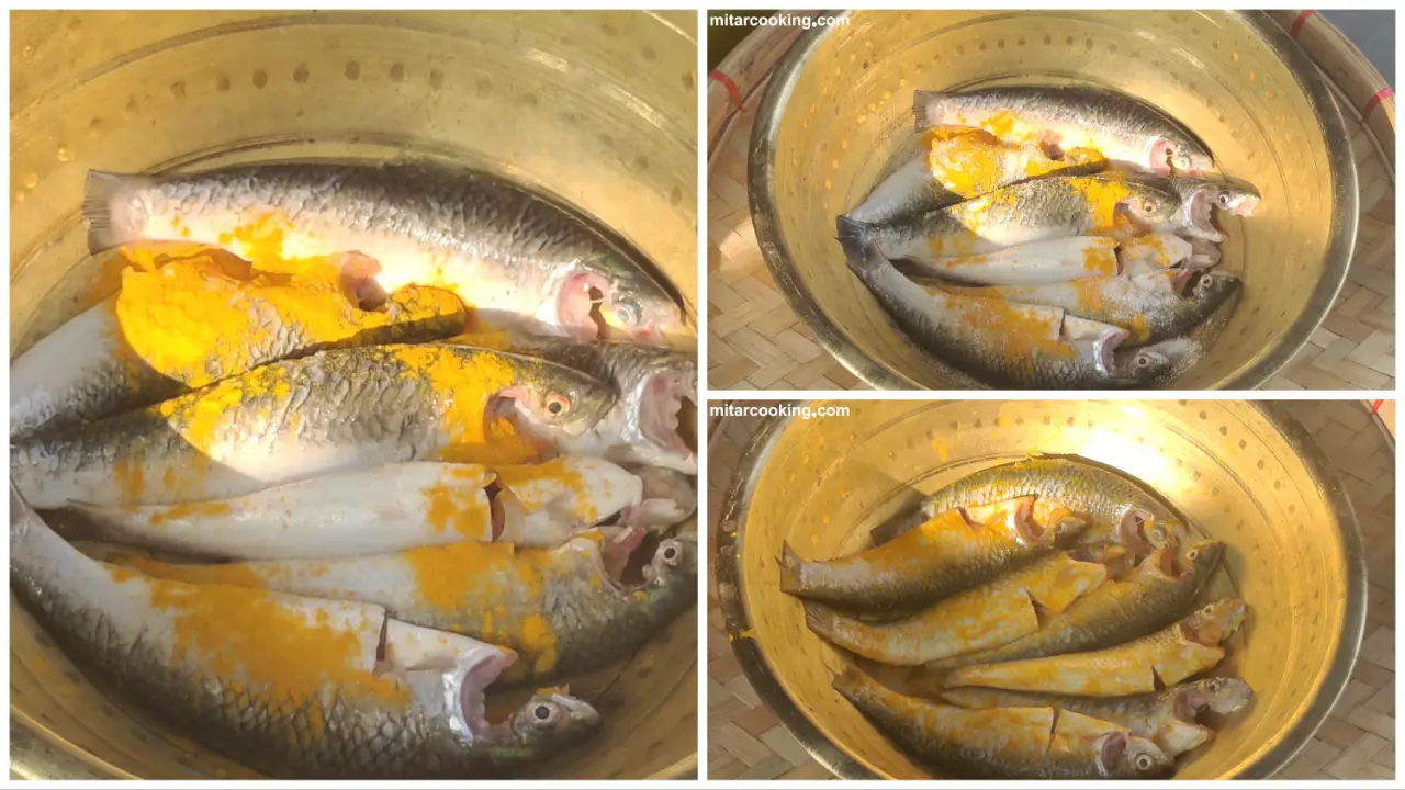 Marinating the fish with a pinch of salt and turmeric