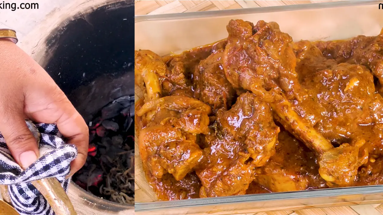 Pouring the Dhaba Style Chicken Curry into a bowl