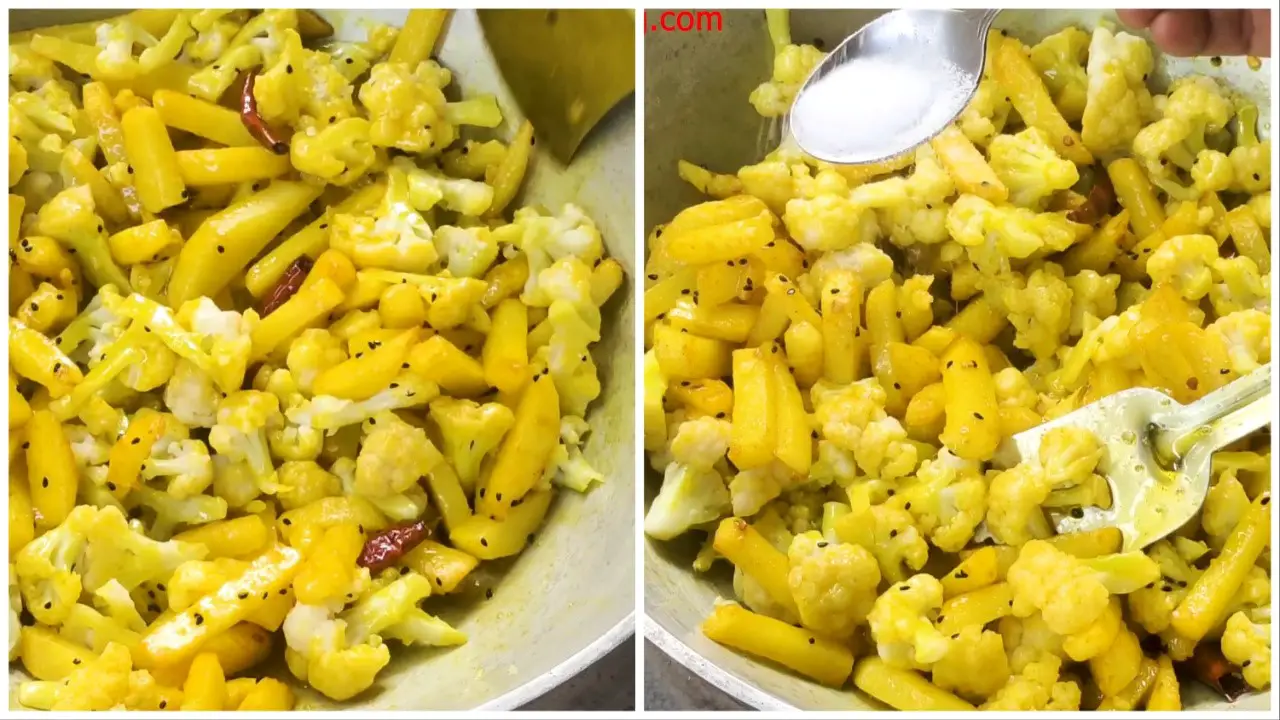 Stir frying potatoes and cauliflower