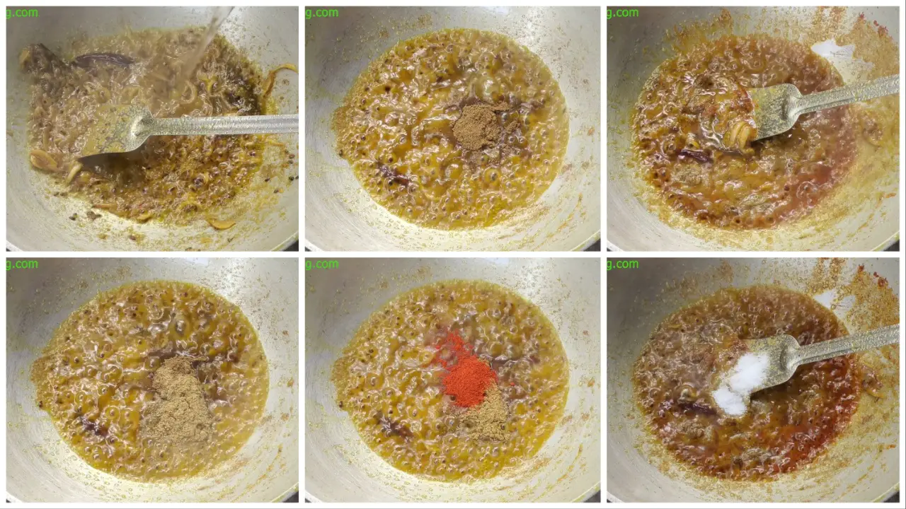 Adding all the powdered spices such as turmeric, chili powder, coriander powder, and cumin powder and salt