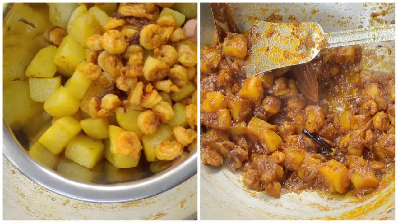 Adding prawns to the masala gravy and stirring