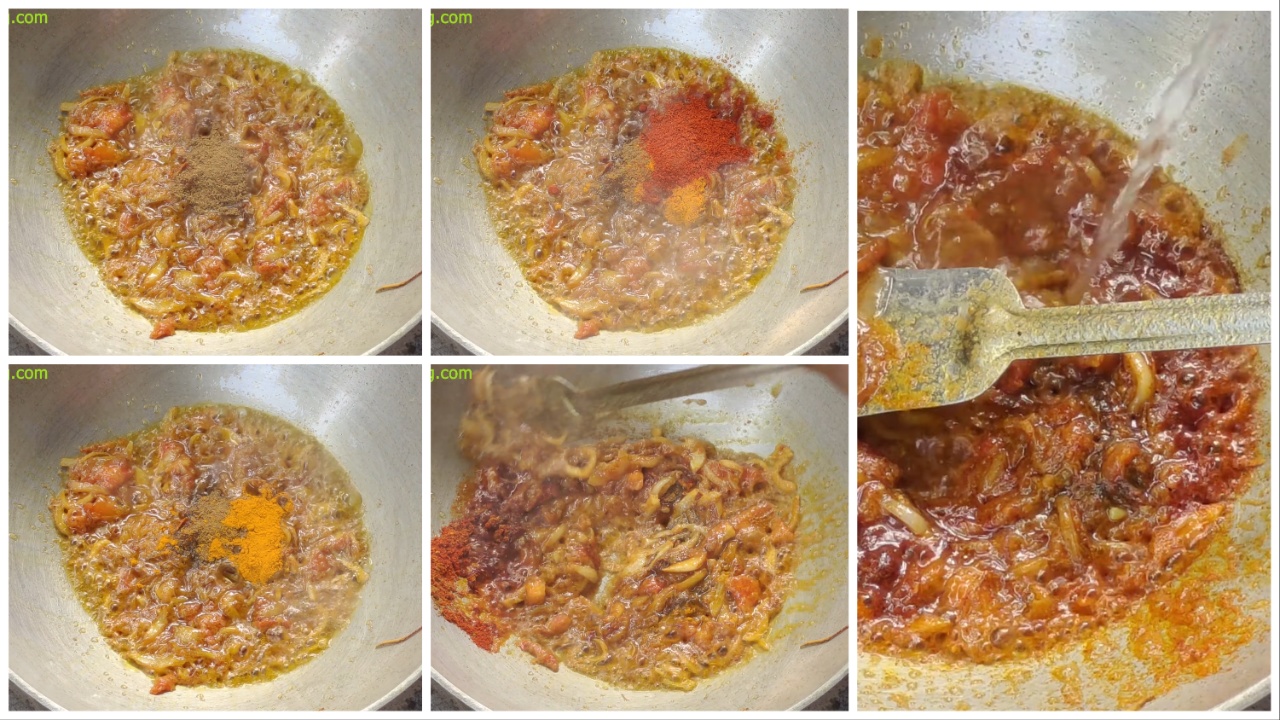Adding Cumin, Turmeric, Kashmiri Chili & Red Chili powder