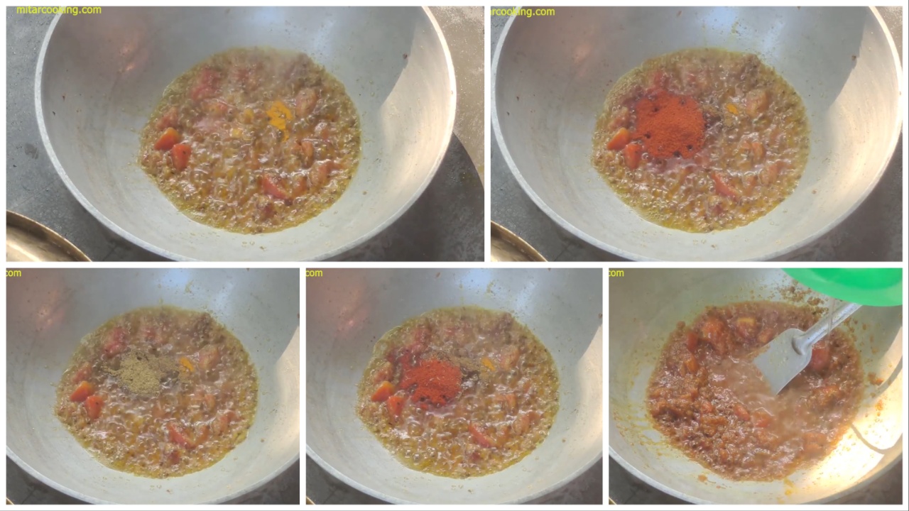 Adding coriander powder, cumin powder, turmeric powder, Kashmiri chili powder, and red chili powder