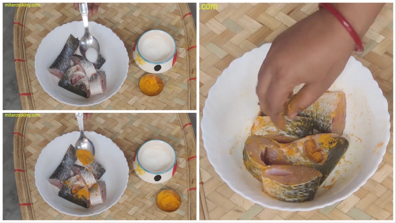 Marinating the fish with turmeric and salt
