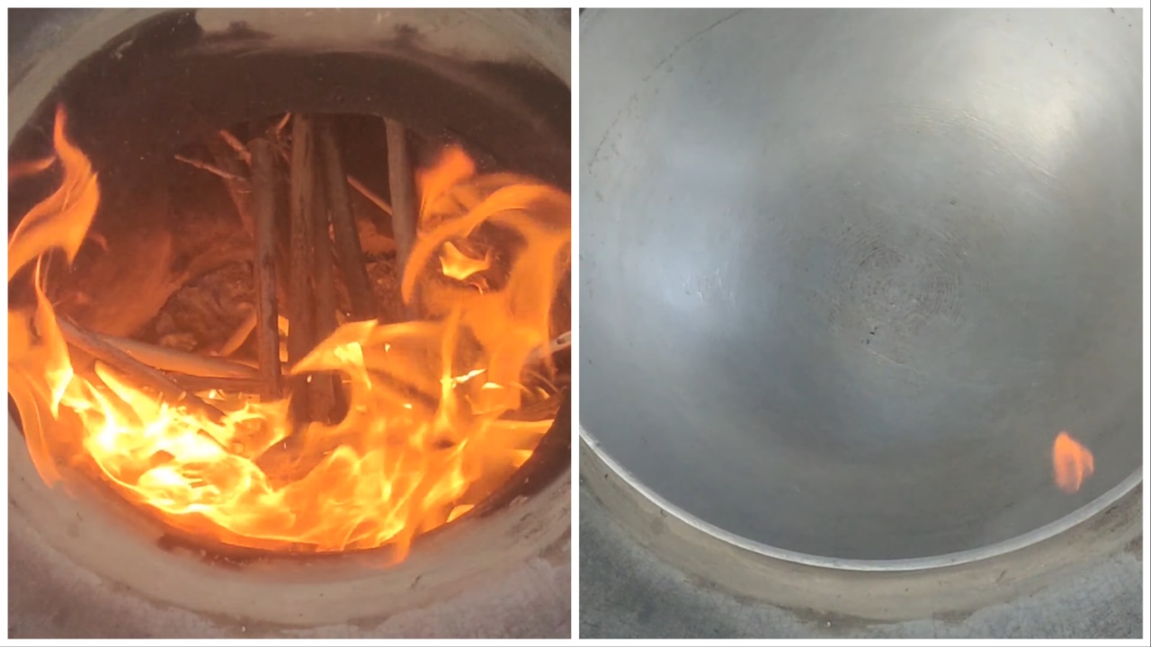 Lightening clay stove and heating the pan