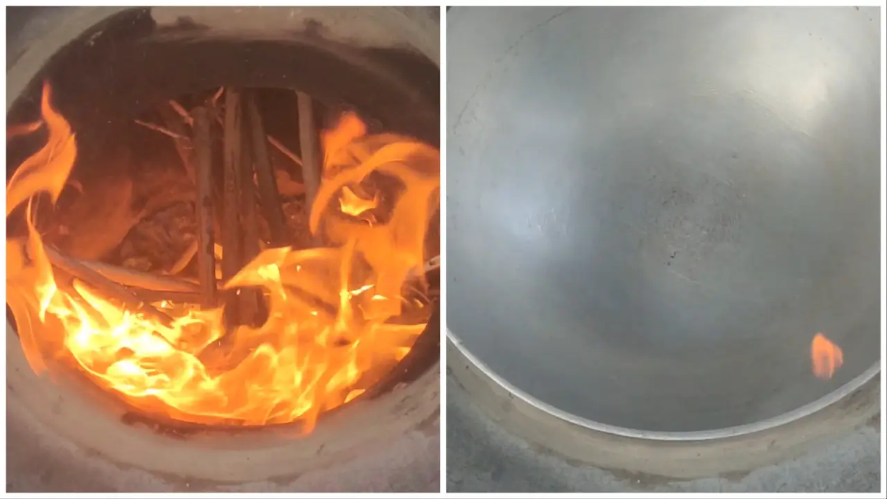 Lightening clay stove and heating the pan