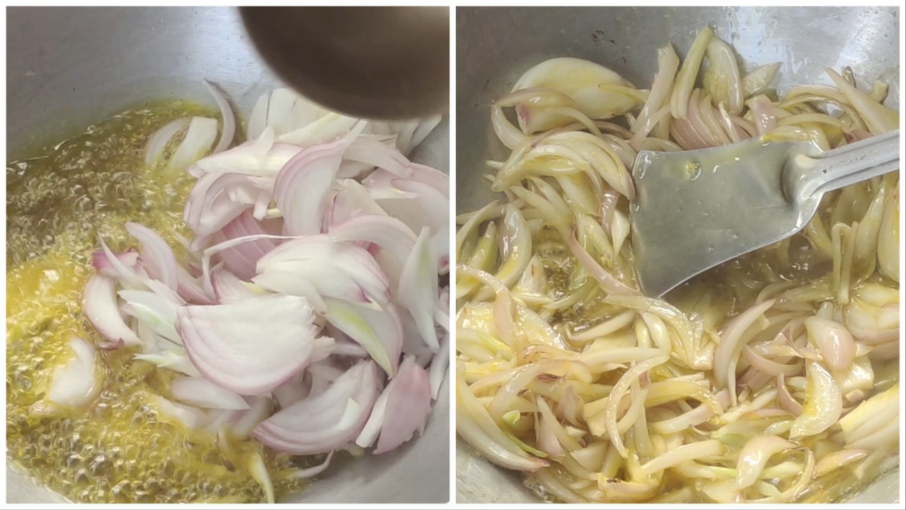Adding oil, kalonji seeds, chopped onions