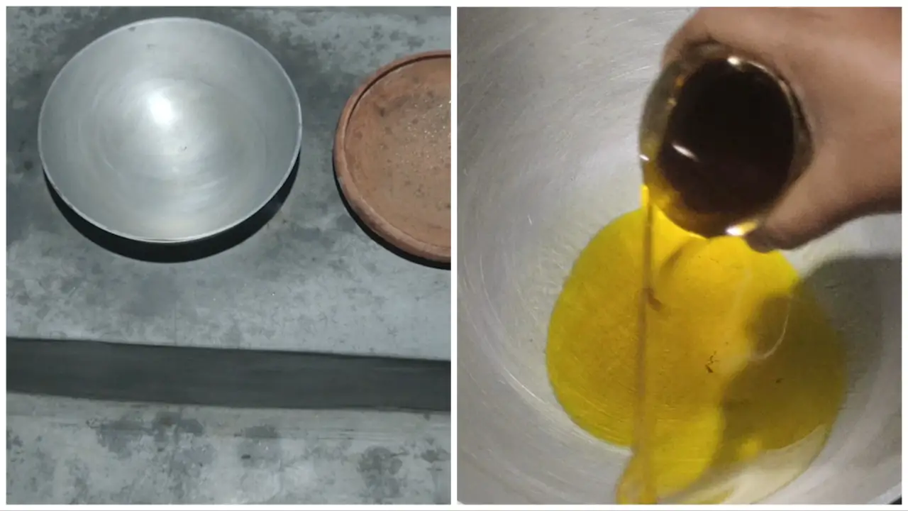 Pouring mustard oil in wok