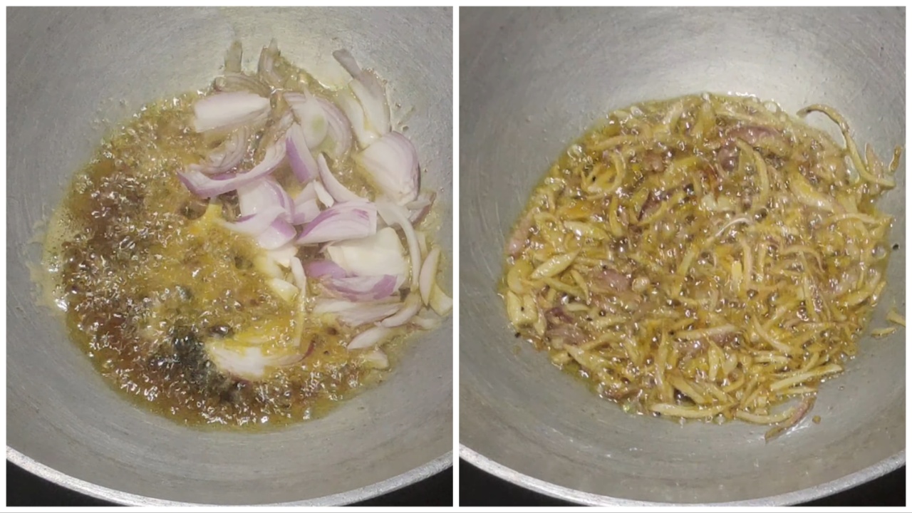 Add finely sliced onions and frying