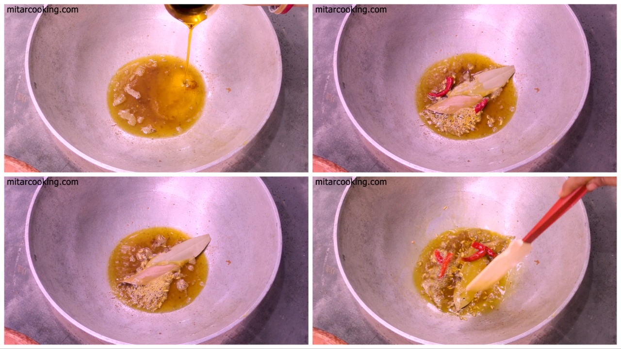 Adding bay leaf, dry chili, Panch Phoron and stirring