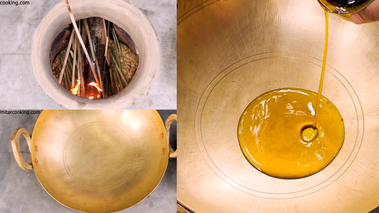 Heating wok on the clay stove and adding mustard oil