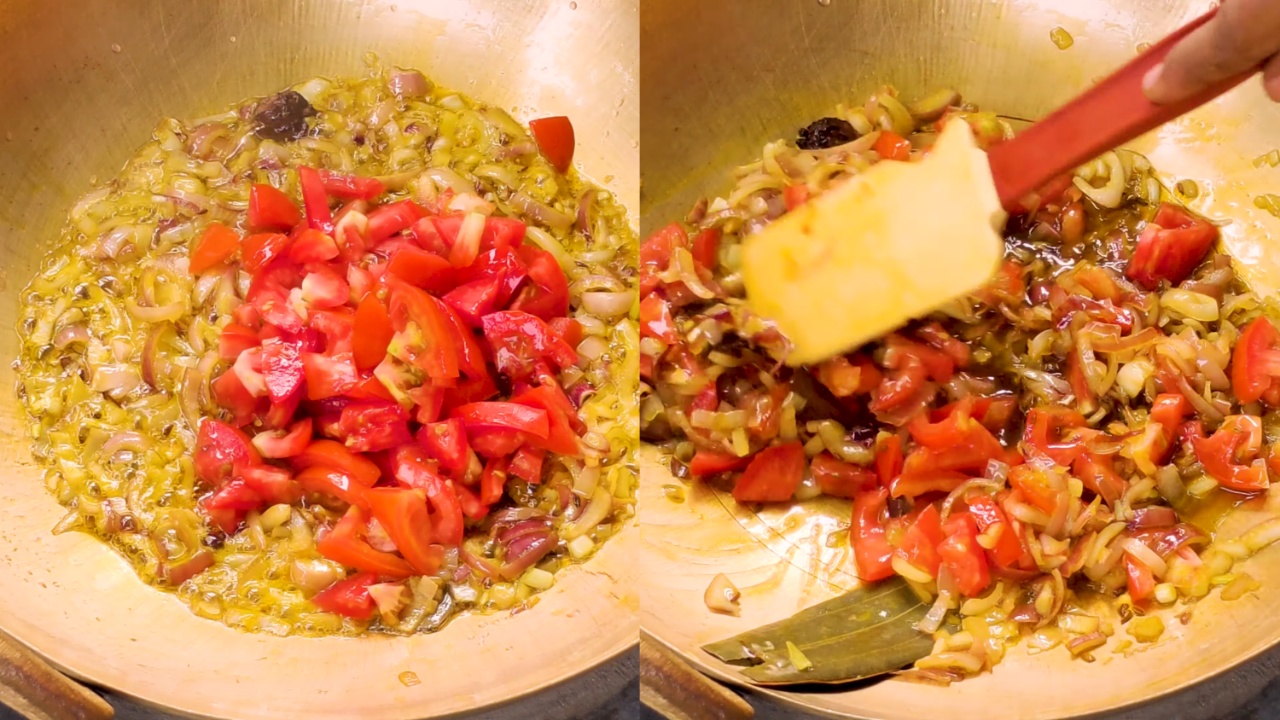 Adding tomatoes and stirring