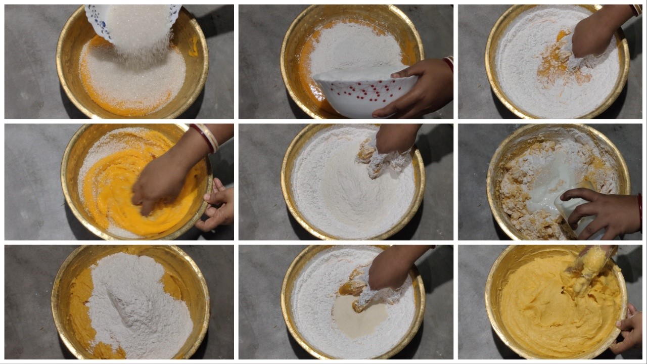 Mix the pulp with rice flour, maida, suji, sugar, coconut and milk step by step image