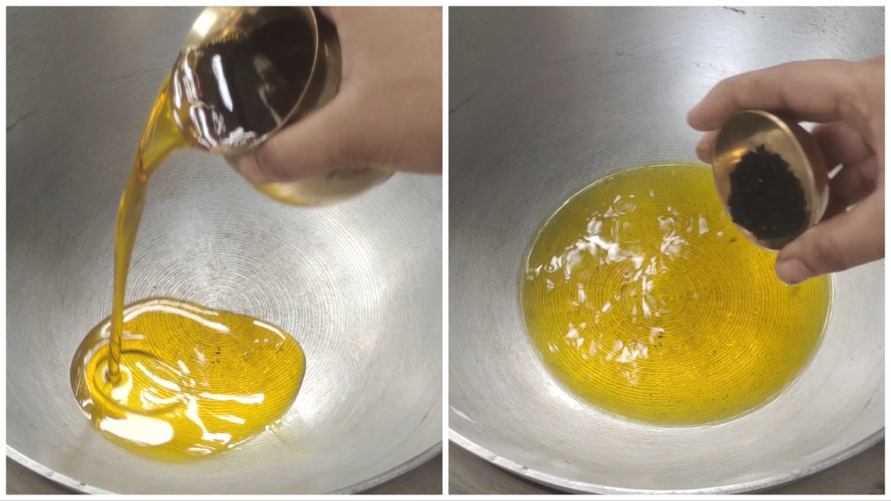 Adding oil and kalonji