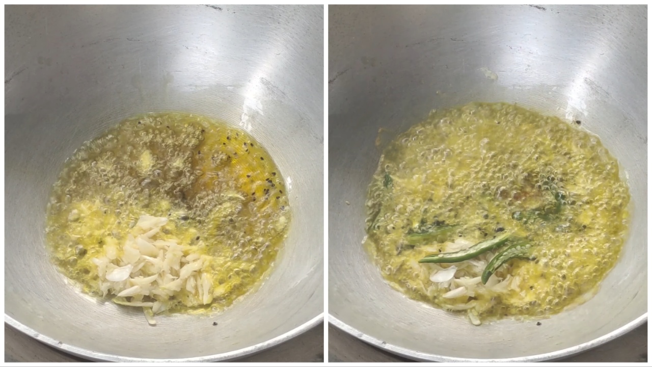 Adding smashed garlic and green chilis