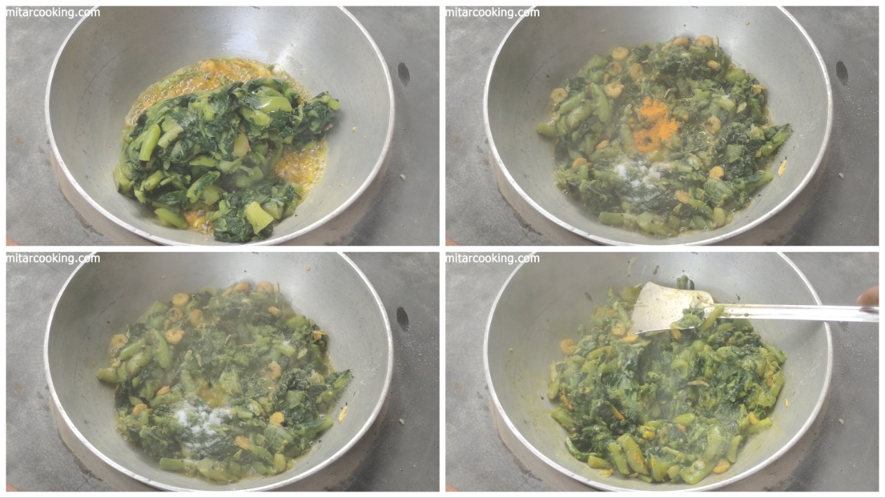 Adding boiled green taro leaves