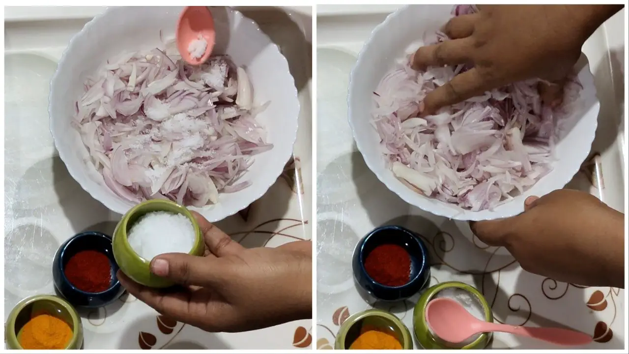Add a little bit of salt to the onion to make crispy onion pakoda