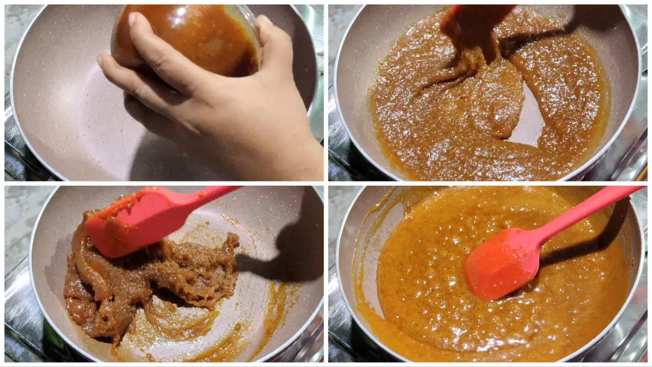 Melting the jaggery in a pan