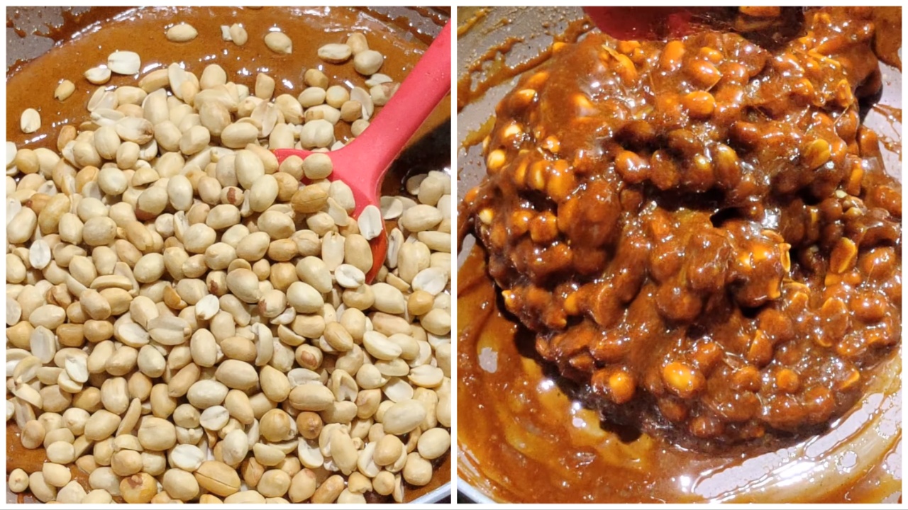 Adding peanuts to the jaggery and mix