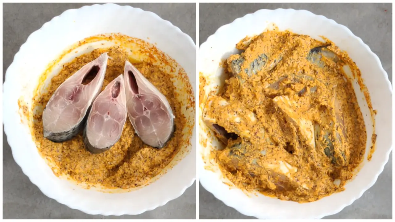 Marinating the hilsa fish pieces