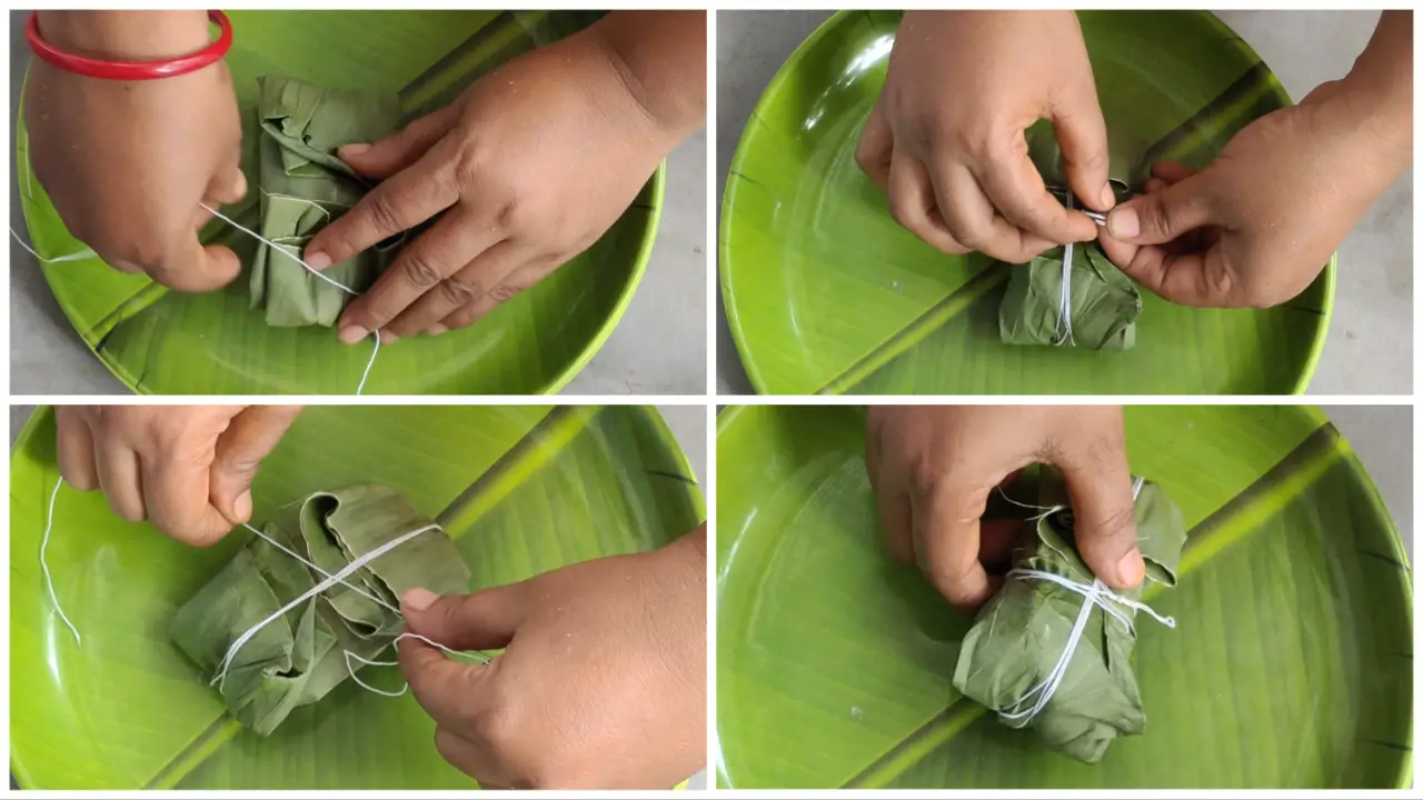 Wrapping the fish with the banana leaf