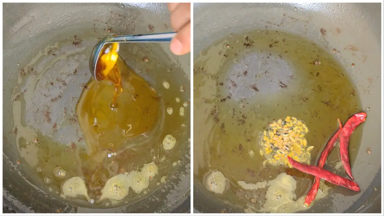 Add more oil, dry red chilies and panch phoron