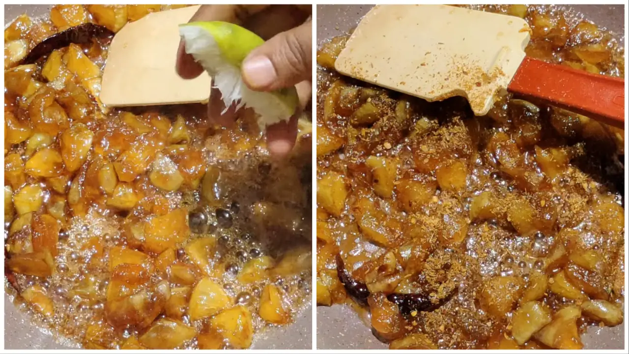 Adding lemon & the roasted crushed spices to apple chutney