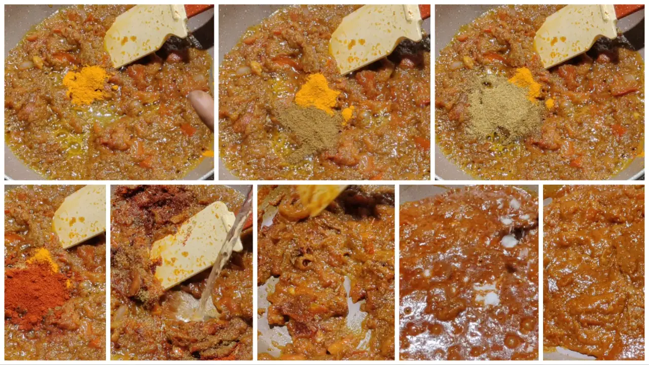 Adding turmeric powder, chilli powder, Kashmiri red chilli powder, coriander powder and cumin powder step by step image