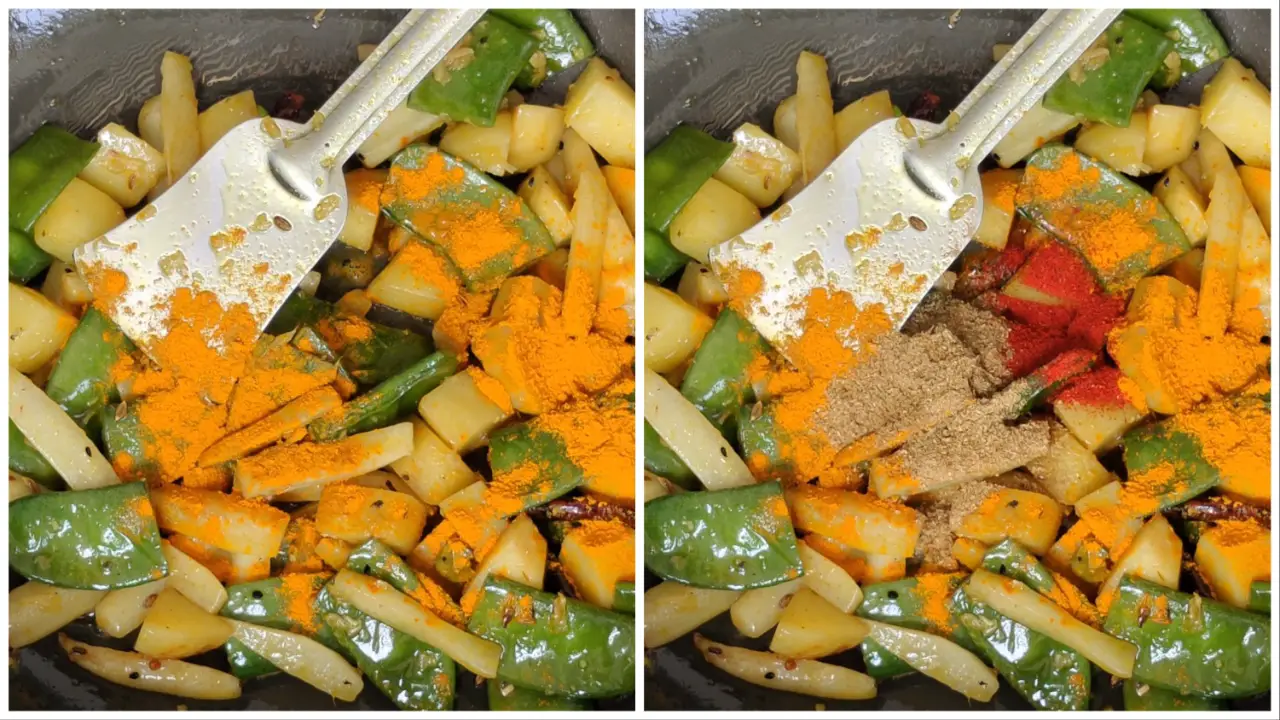 Adding turmeric, coriander powder, cumin powder and red chilli powder to the veggies